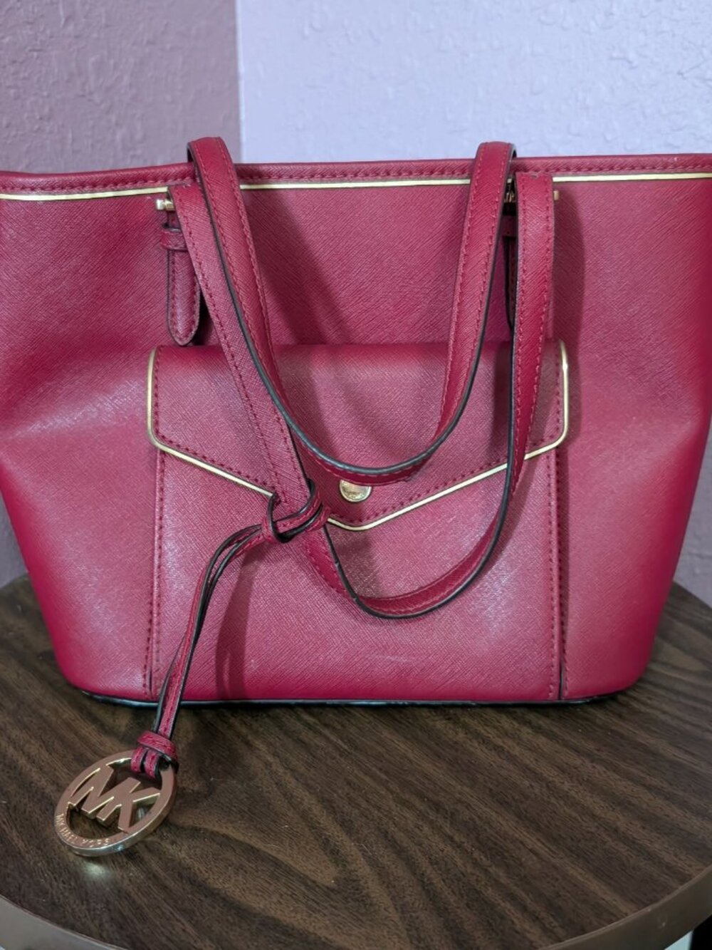 Michael Kors Saffiano Leather Red Jet Set Snap Pocket Tote